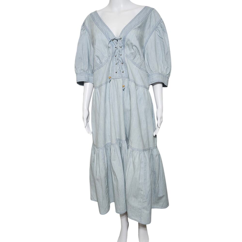 Lauren Ralph Lauren Black Label Chambray Puff-Sleeve Dress Plus Size 18W Pockets - Picture 5 of 15